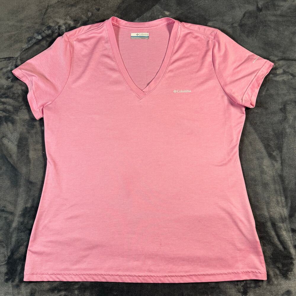 Columbia Womens Large Pink Omni-Wick V Neck Short Sleeve Athletic Hiking Shirt L